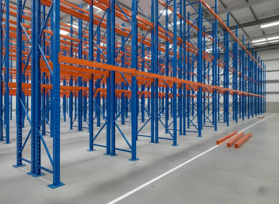 Blue pallet rack uprights standing on a warehouse slab with the first orange beams hung and loose beams ready on the floor
