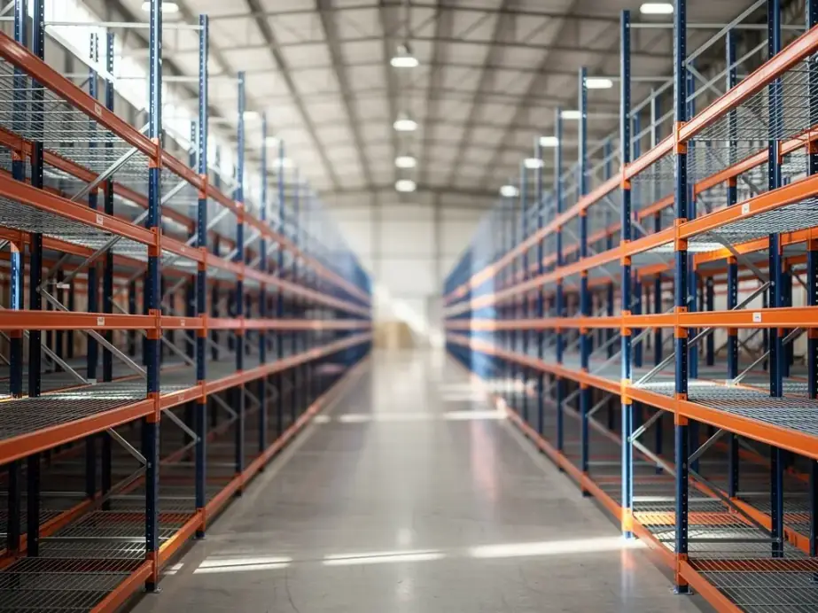 A long aisle of new pallet rack with blue uprights, orange beams and wire mesh decks