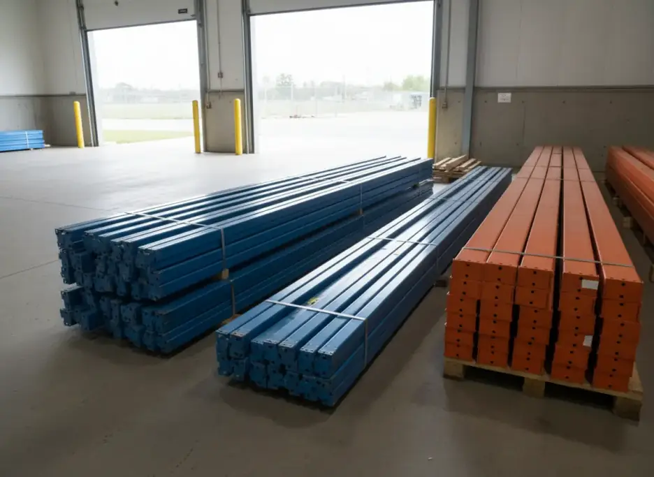 Dismantled pallet rack beams banded in bundles on pallets on a warehouse loading dock